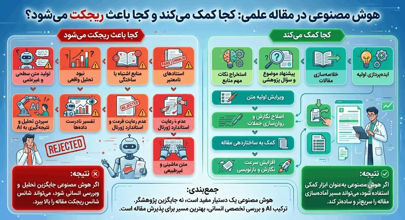 استفاده از هوش مصنوعی در مقاله علمی؛ کجا کمک میکند و کجا باعث ریجکت میشود؟